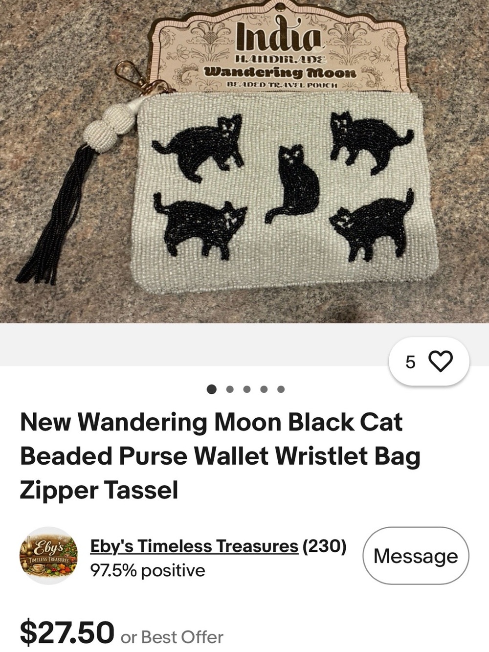 Beaded Black Cat Wristlet Pouch - White/Black